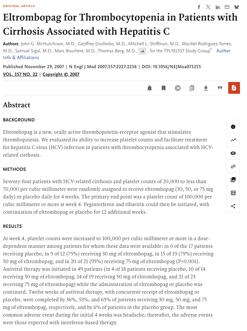 Screenshot of a medical journal article titled Eltrombopag for Thrombocytopenia in Patients with Cirrhosis Associated with Hepatitis C showing the abstract and study details.