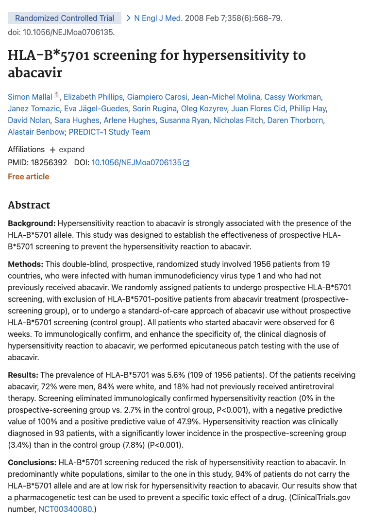 Research paper abstract showing HLA-B*5701 screening study results for preventing abacavir hypersensitivity reactions in HIV patients.