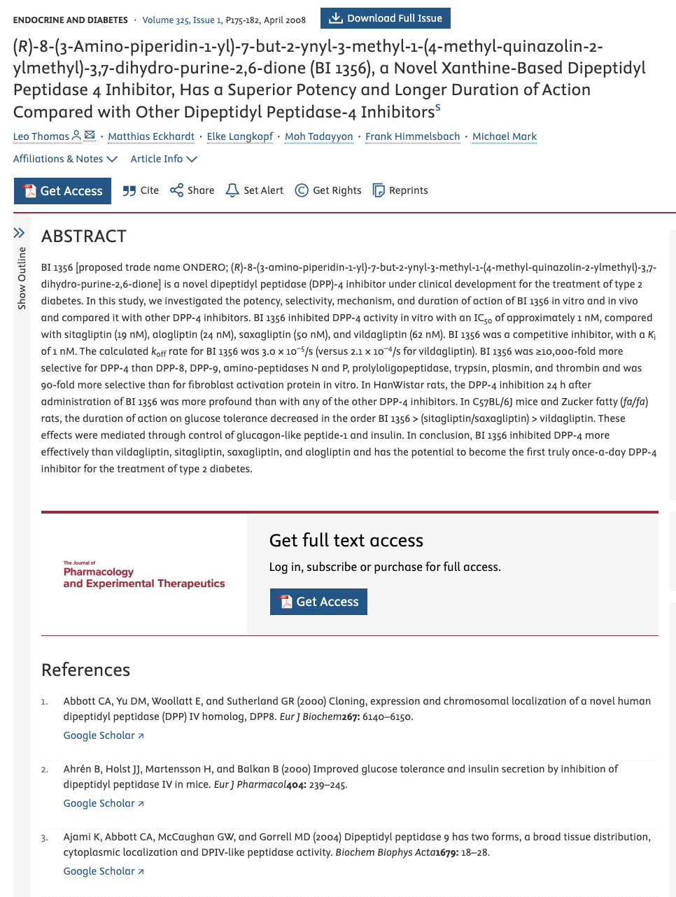 Screenshot of a scientific journal article abstract about BI 1356, a novel dipeptidyl peptidase inhibitor for type 2 diabetes treatment research.