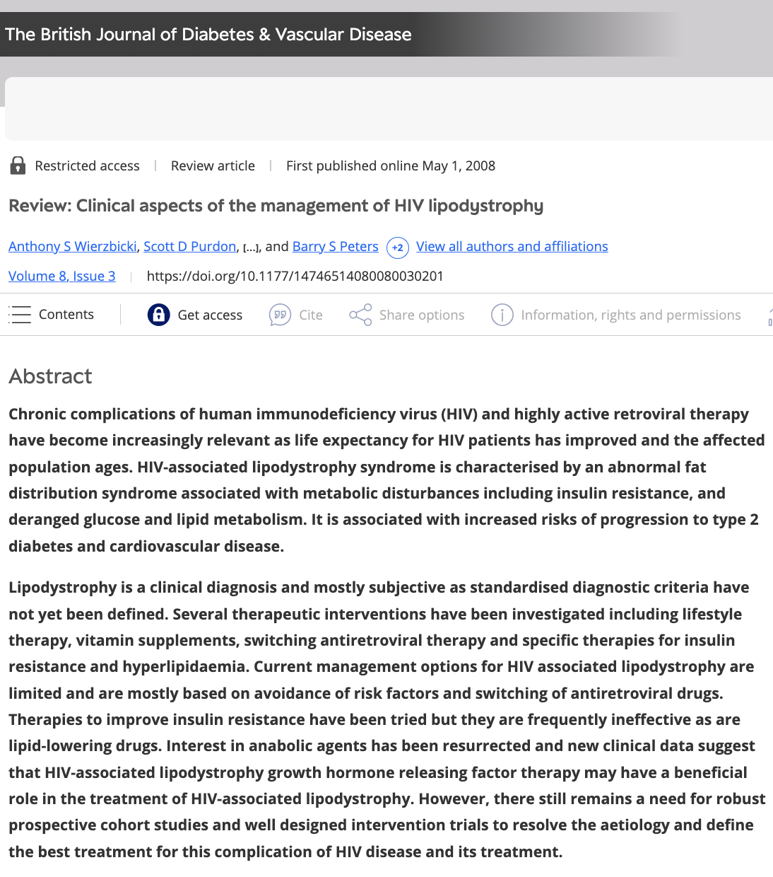 Screenshot of a medical journal article abstract about HIV lipodystrophy management from The British Journal of Diabetes & Vascular Disease.