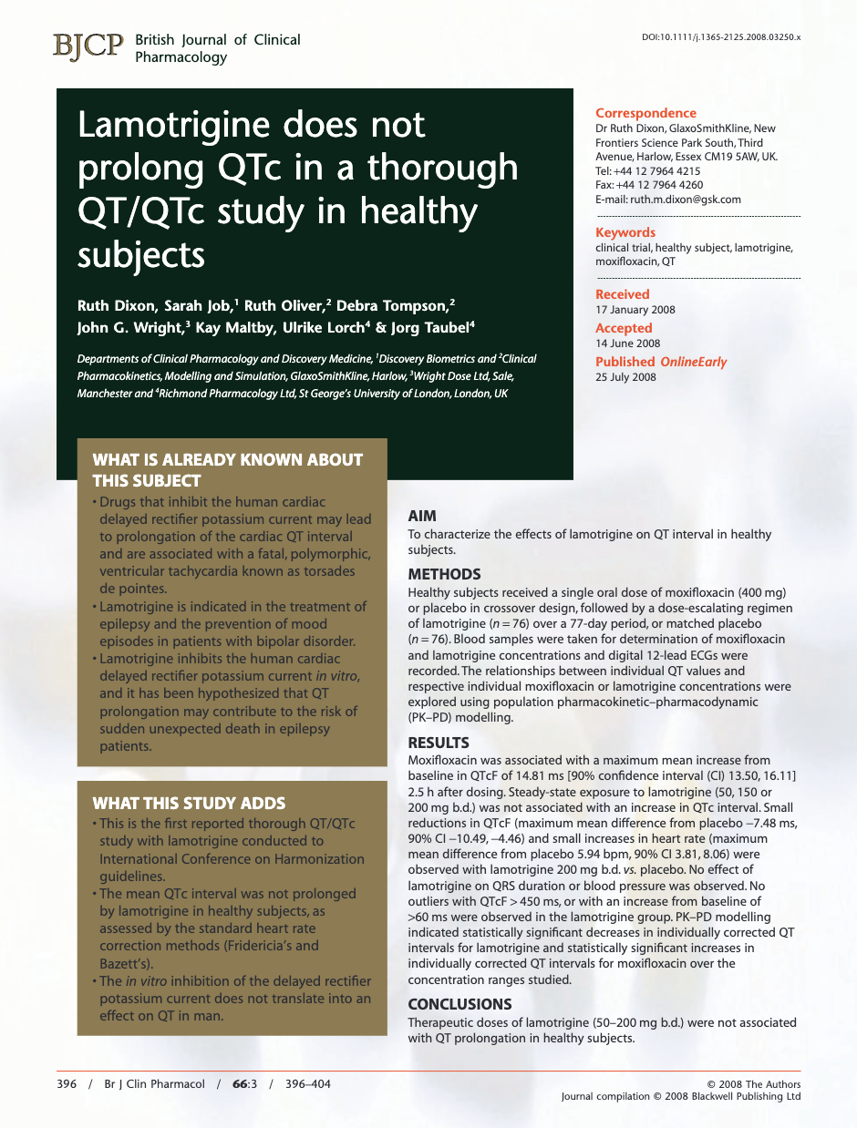 First page of a British Journal of Clinical Pharmacology research paper titled Lamotrigine does not prolong QTc in a thorough QT/QTc study in healthy subjects