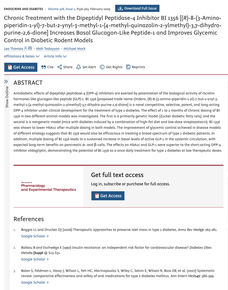 Screenshot of a research paper abstract about dipeptidyl peptidase-4 inhibitor BI 1356 for diabetes treatment, showing title, authors, and study summary.