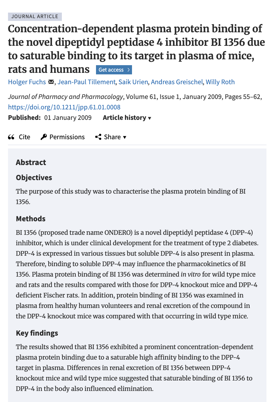 Journal article abstract showing study of BI 1356 dipeptidyl peptidase 4 inhibitor plasma protein binding in mice, rats and humans