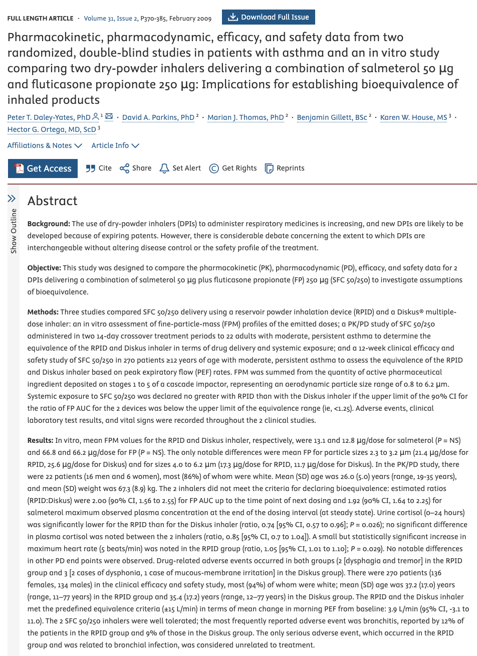 Screenshot of a medical journal article abstract comparing two dry-powder inhalers for asthma treatment, showing title, authors, and study methodology.
