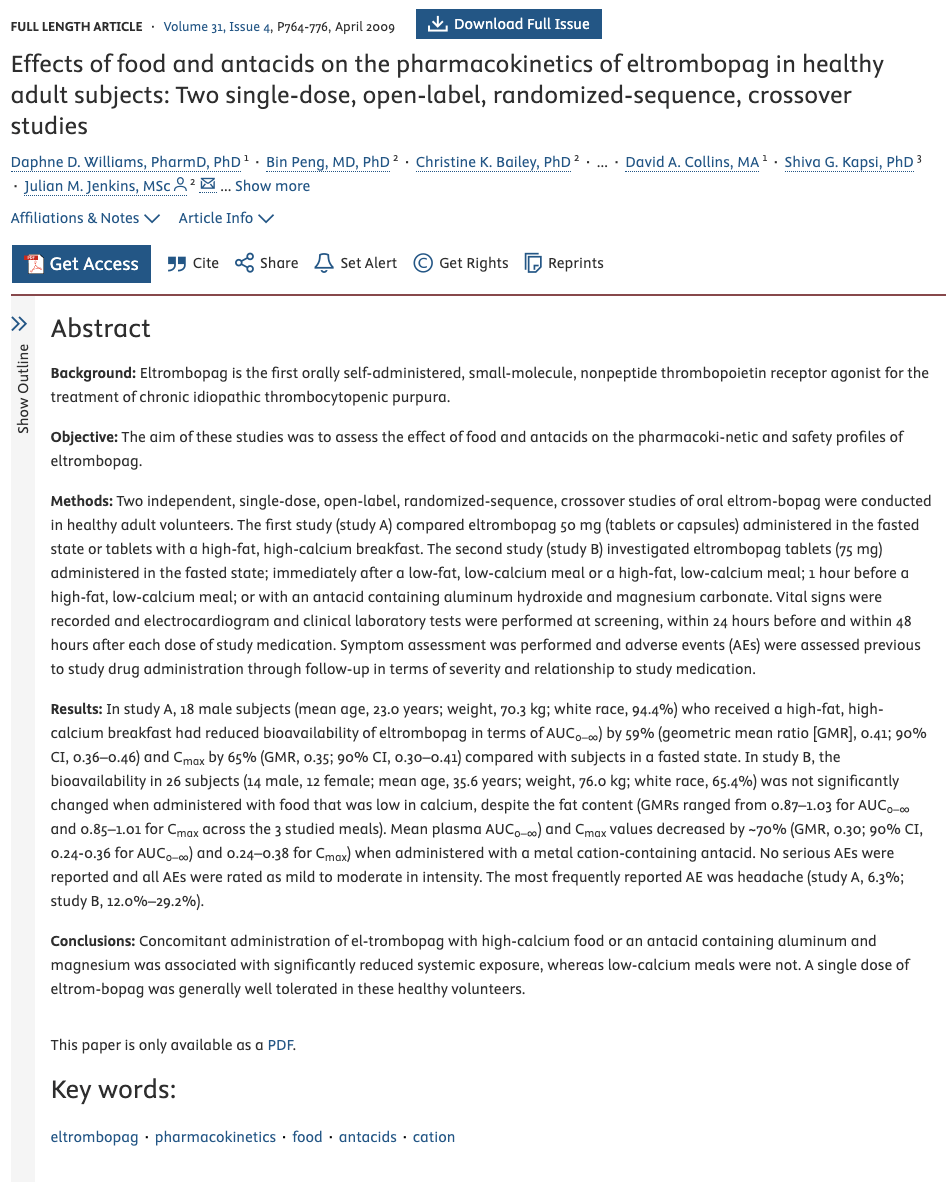Screenshot of a medical journal article abstract about eltrombopag pharmacokinetics studies, showing title, authors, and research findings summary.