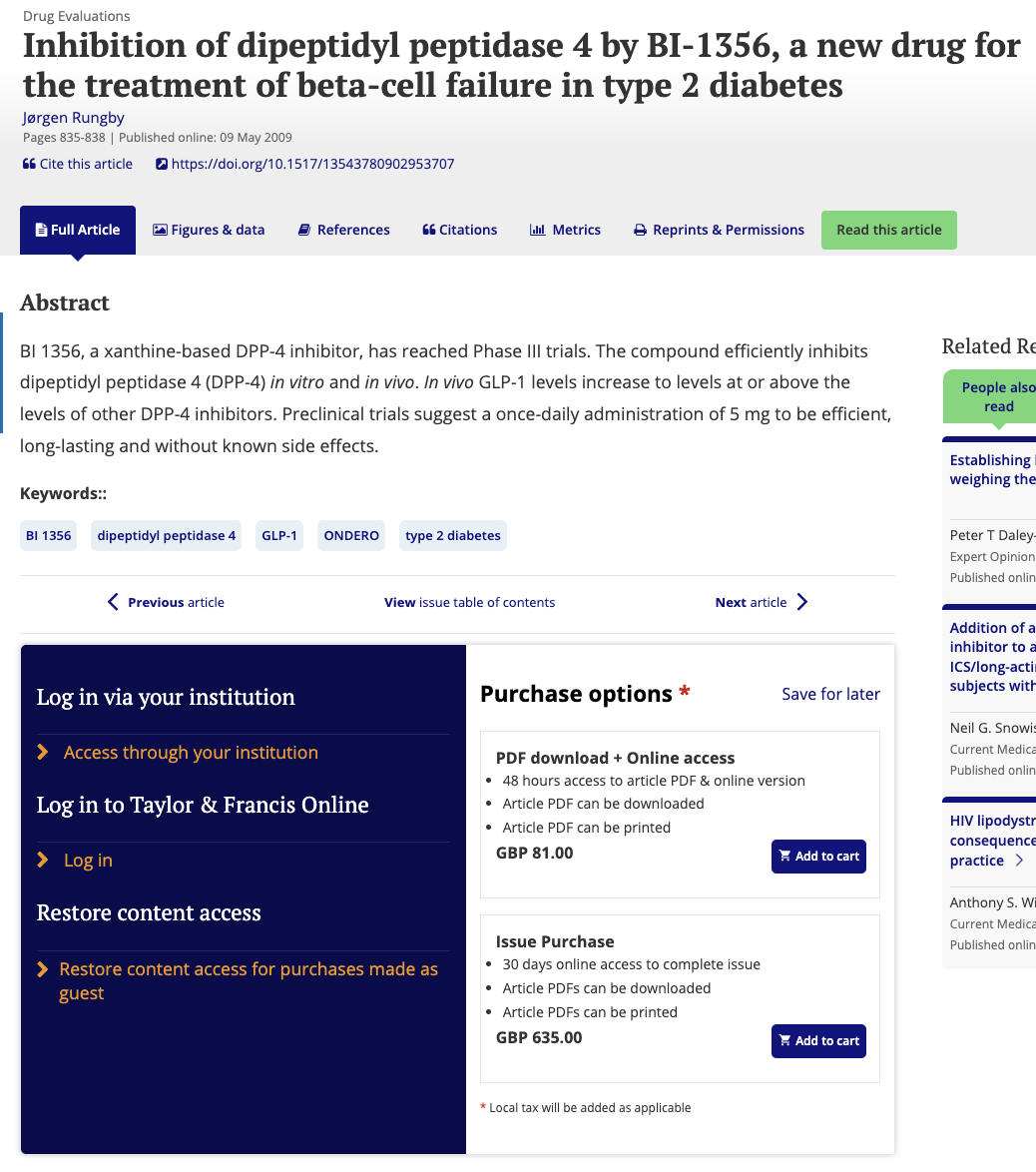 Screenshot of a medical journal article page about BI-1356, a diabetes drug, showing abstract, purchase options, and login sections.