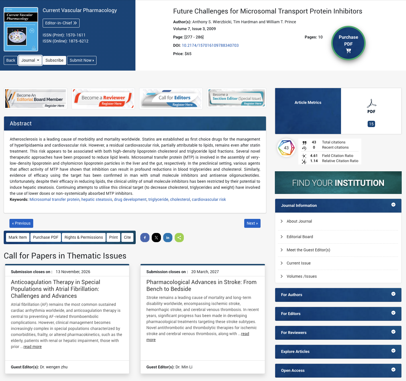 Screenshot of a journal article page showing Future Challenges for Microsomal Transport Protein Inhibitors from Current Vascular Pharmacology with abstract, citation metrics, and navigation elements.