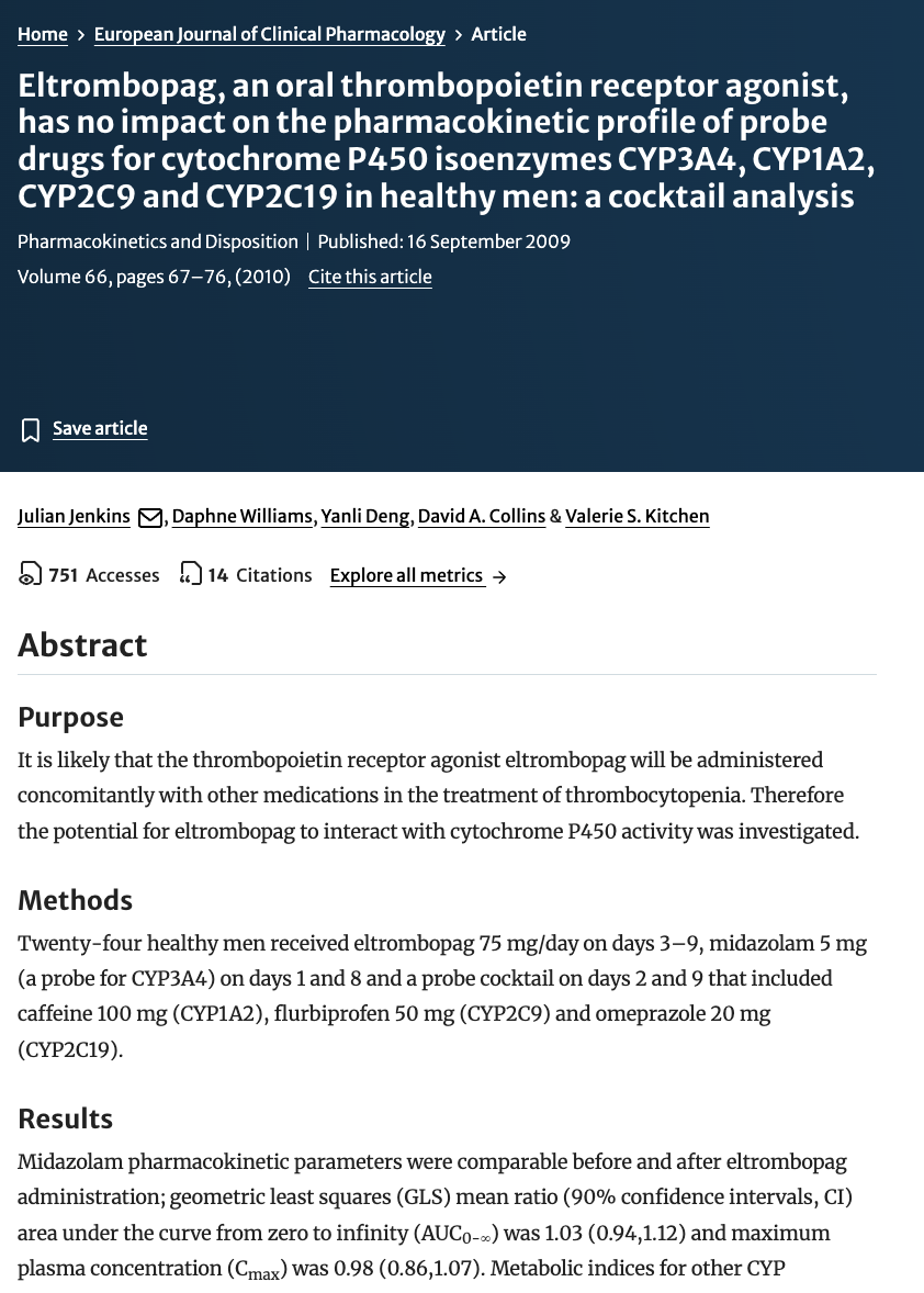 Research article page showing study on eltrombopag drug interactions with cytochrome P450 enzymes, including title, authors, abstract and results sections.