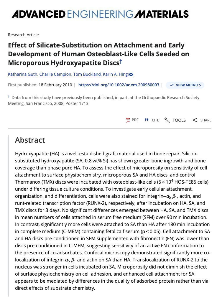 Screenshot of research article titled Effect of Silicate-Substitution on Attachment and Early Development of Human Osteoblast-Like Cells Seeded on Microporous Hydroxyapatite Discs from Advanced Engineering Materials journal, showing author names, publication date, and abstract text.
