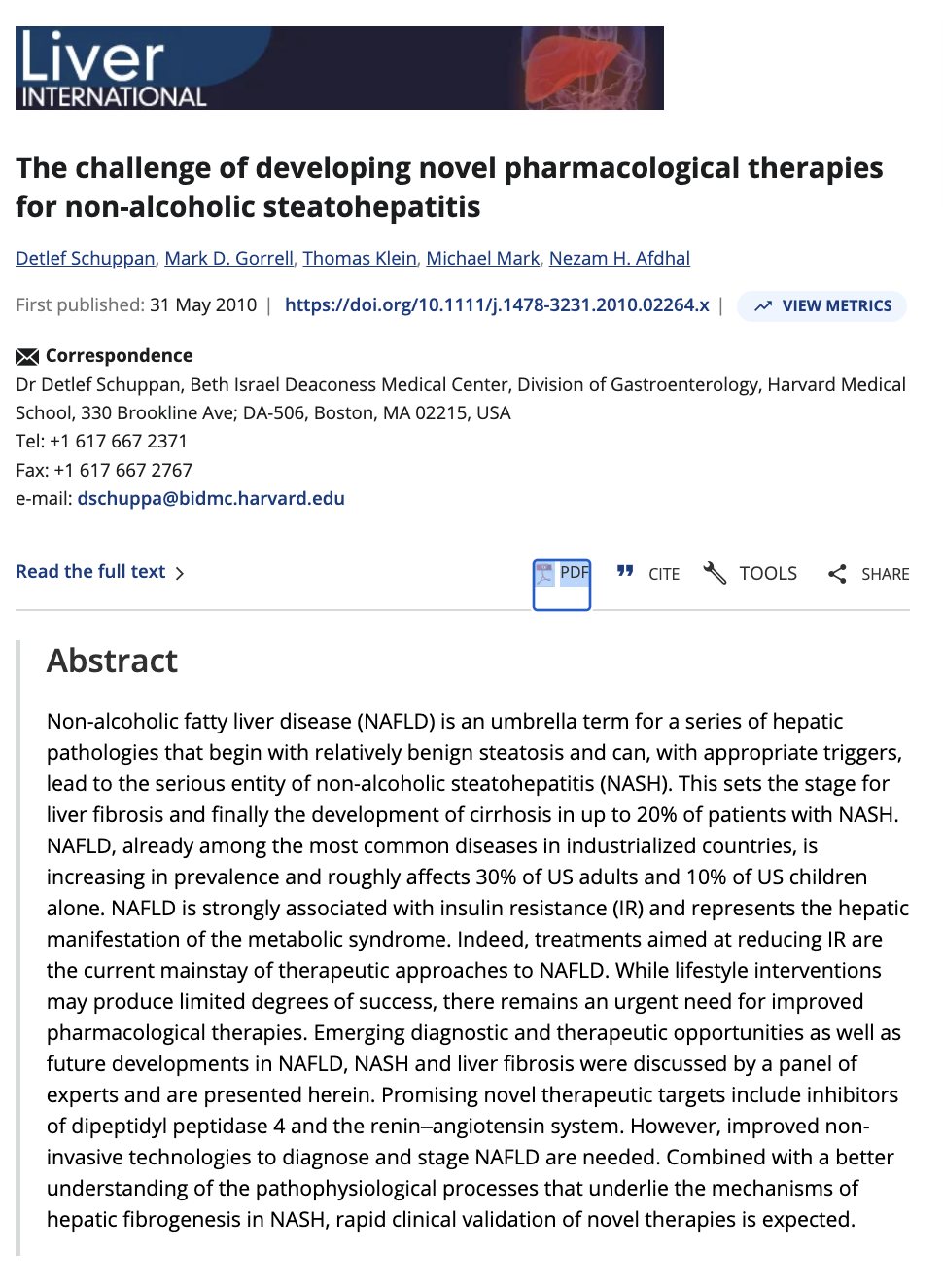 Medical journal article page titled The challenge of developing novel pharmacological therapies for non-alcoholic steatohepatitis with author details and abstract text.