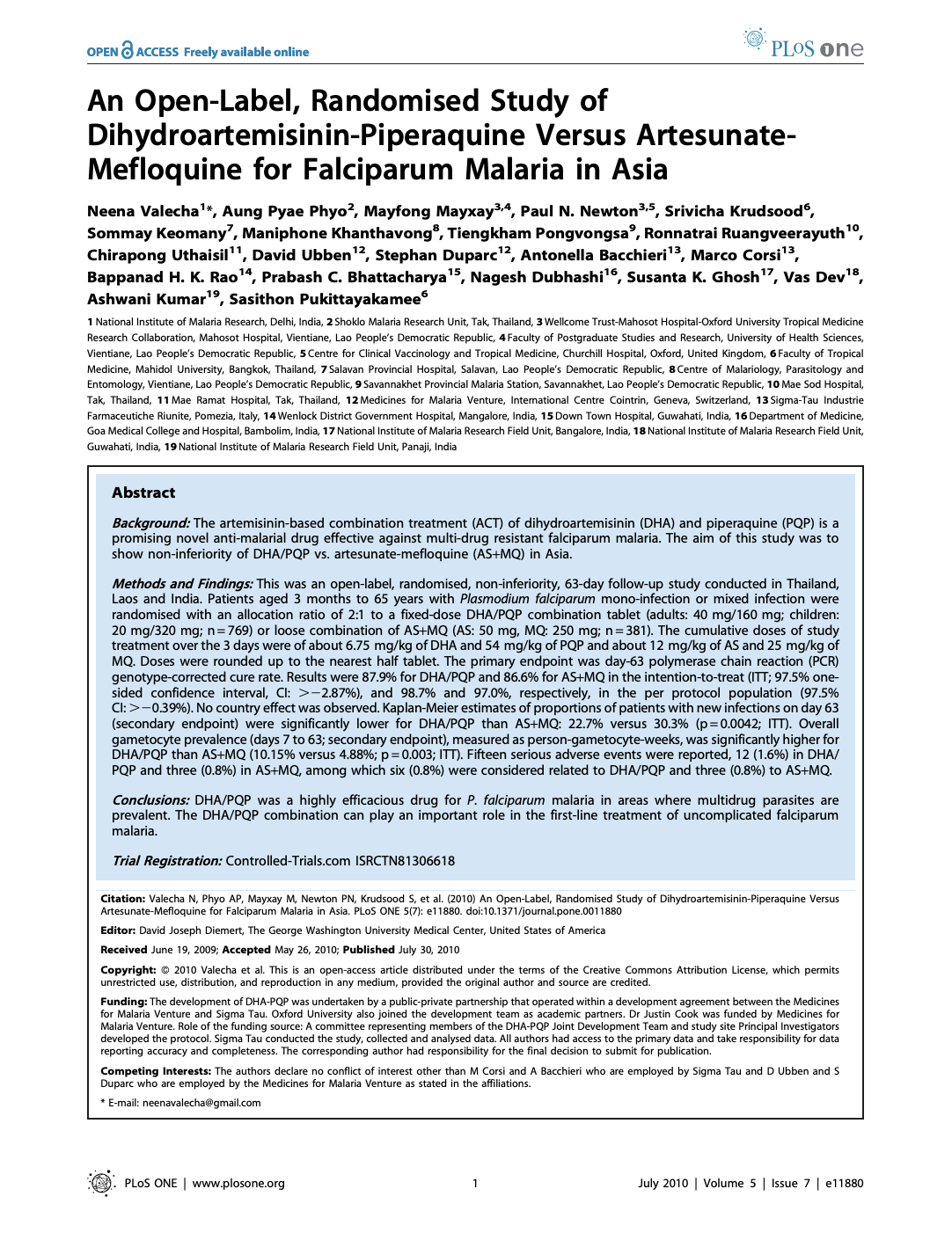 Research paper front page comparing antimalarial treatments DHA-piperaquine versus artesunate-mefloquine for falciparum malaria in Asia.