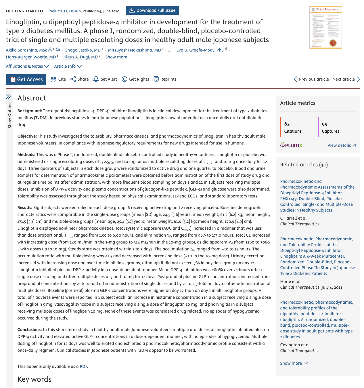 Screenshot of a clinical research paper about linagliptin, a diabetes treatment, showing the abstract and article details from a medical journal.