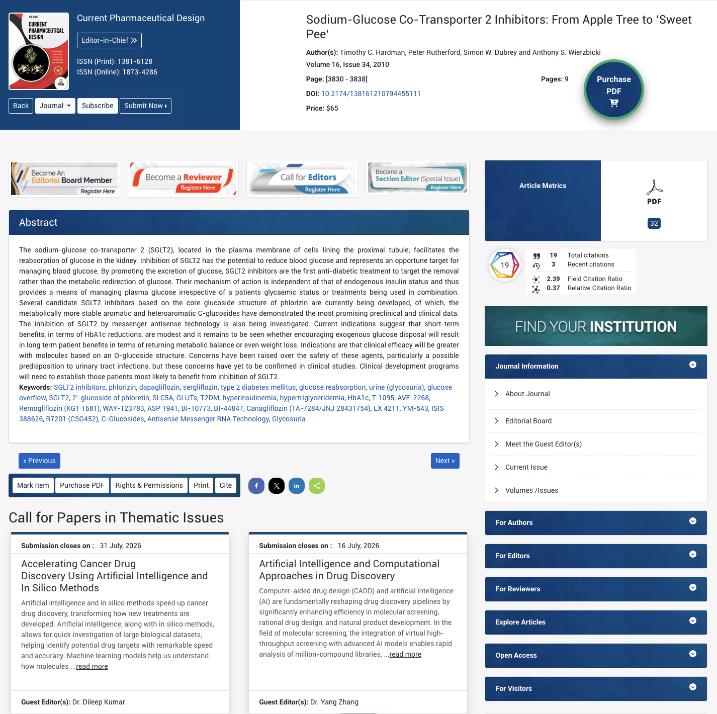 Journal article page showing research on sodium-glucose co-transporter 2 inhibitors, with abstract, article metrics, and submission options displayed.