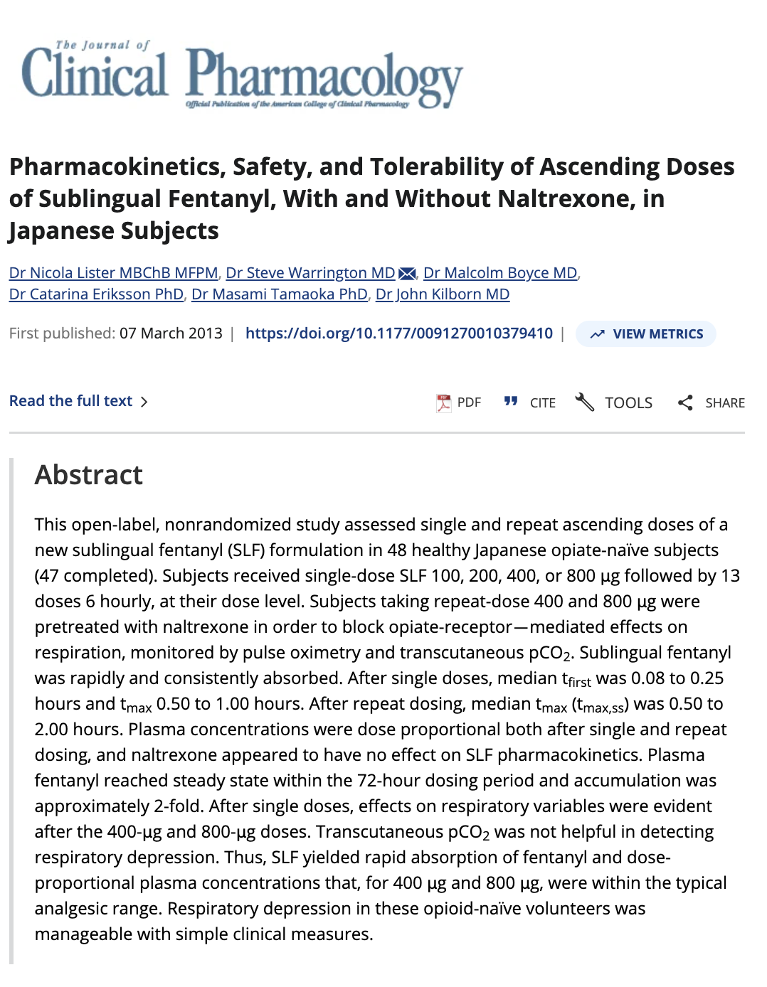 Journal article abstract from The Journal of Clinical Pharmacology on sublingual fentanyl pharmacokinetics study in Japanese subjects.