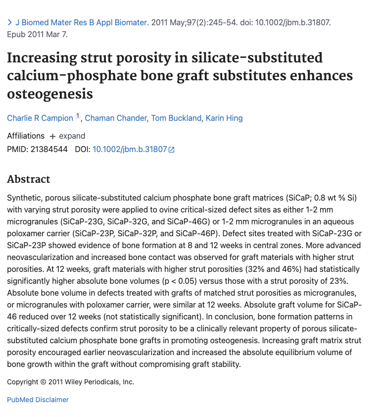 Screenshot of a research paper abstract from Journal of Biomedical Materials Research showing a study on silicate-substituted calcium-phosphate bone grafts and their effect on osteogenesis in relation to strut porosity.