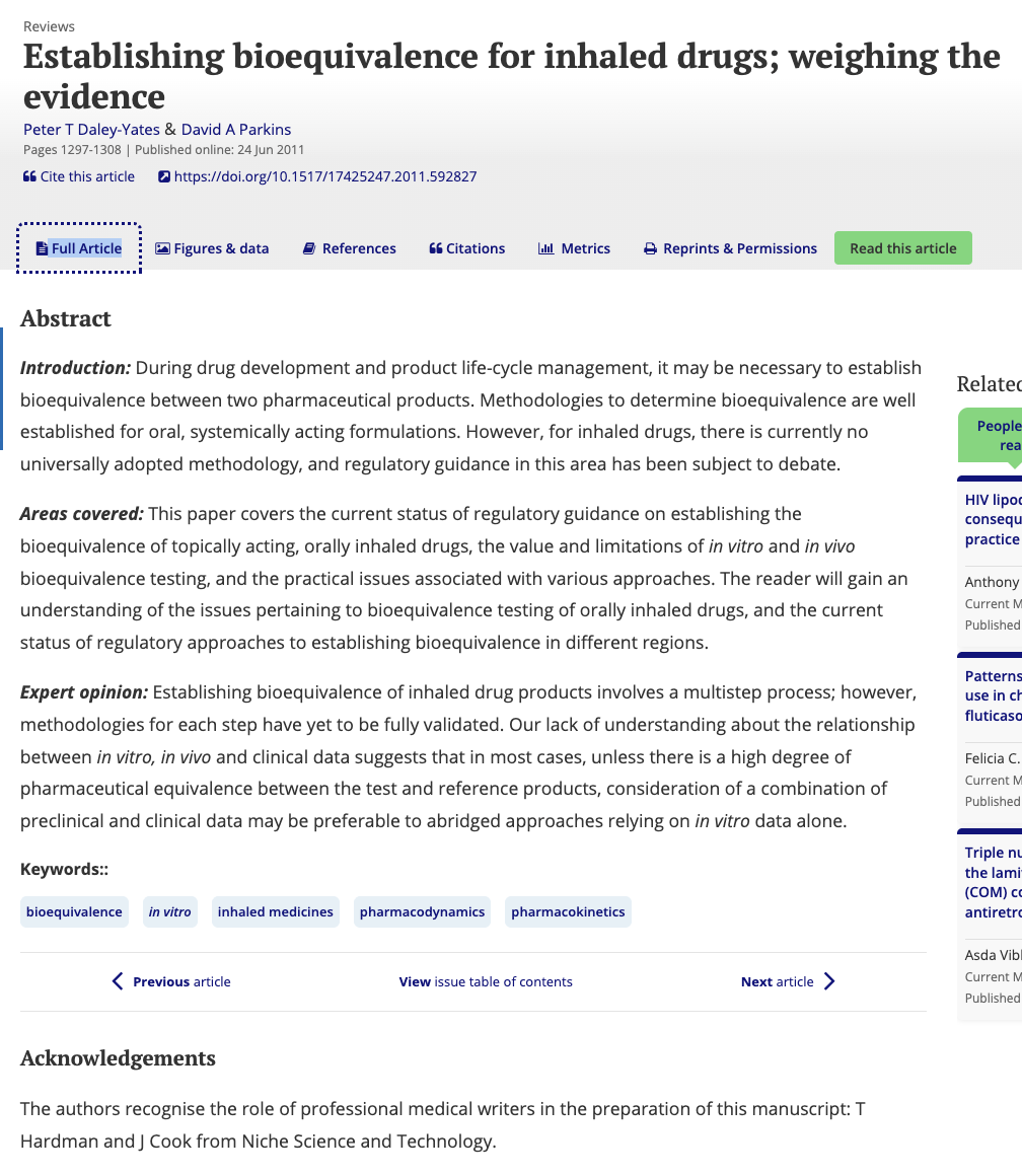 Screenshot of a scientific journal article titled Establishing bioequivalence for inhaled drugs; weighing the evidence showing the abstract, authors, and article navigation options.