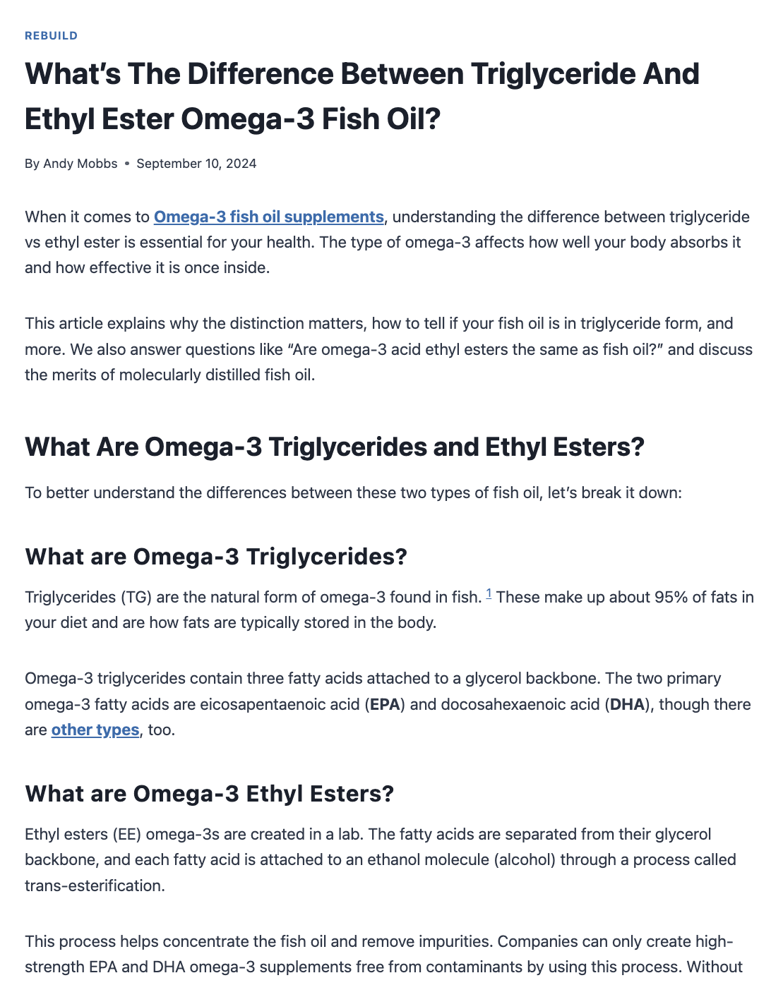 Article webpage explaining the differences between triglyceride and ethyl ester forms of omega-3 fish oil supplements, with headings and body text visible.