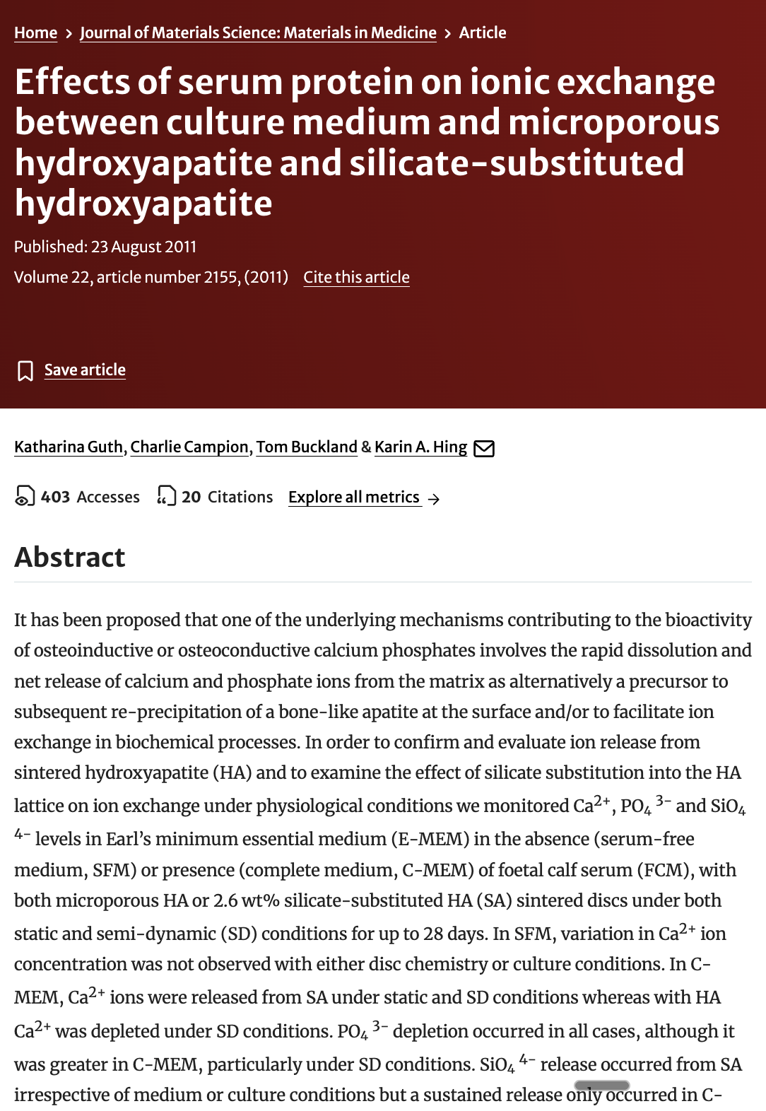 Screenshot of a research article titled Effects of serum protein on ionic exchange between culture medium and microporous hydroxyapatite and silicate-substituted hydroxyapatite from Journal of Materials Science: Materials in Medicine, published 23 August 2011.