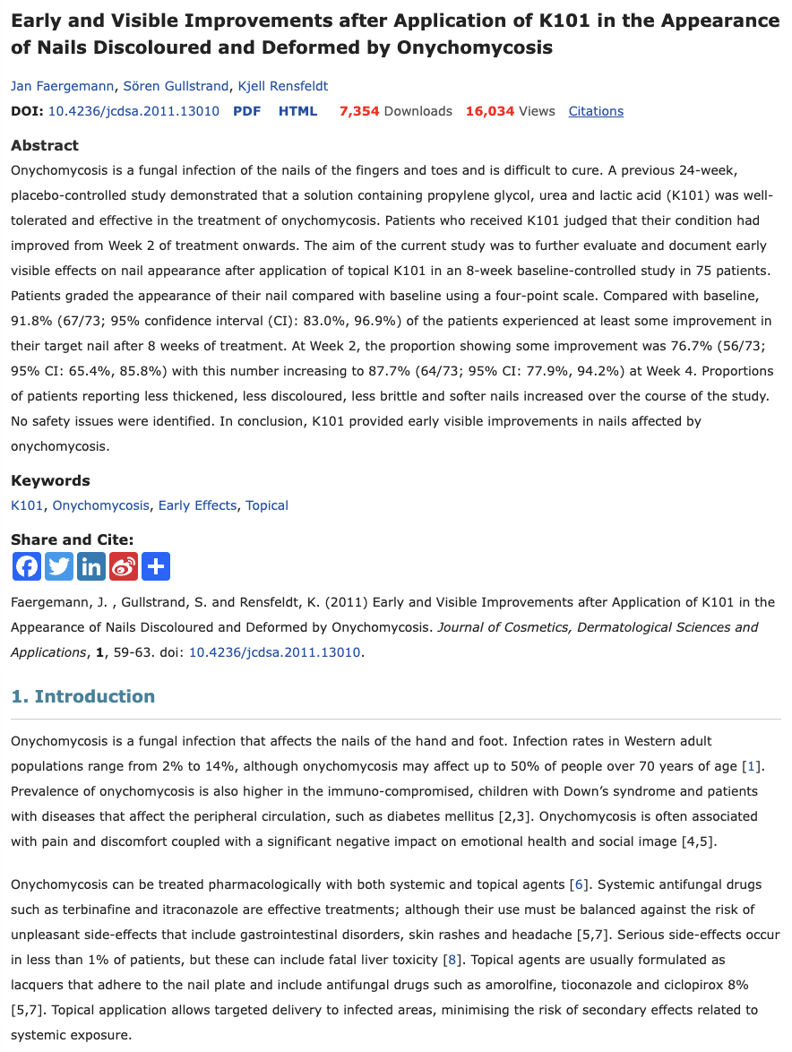 Research paper abstract showing study results on K101 topical treatment for onychomycosis nail fungal infections over 8 weeks.