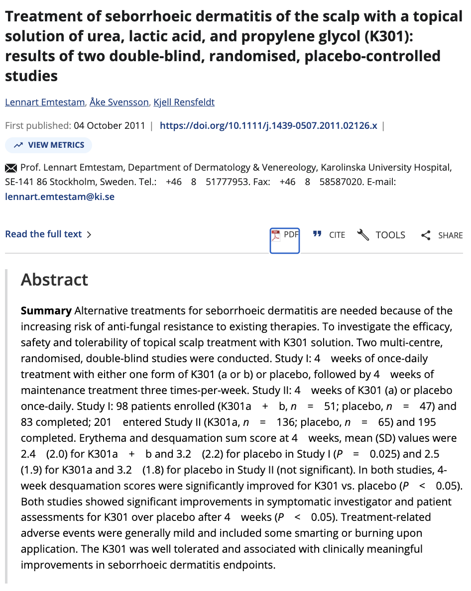 Screenshot of a medical research paper abstract about seborrhoeic dermatitis treatment using K301 topical solution in clinical trials.