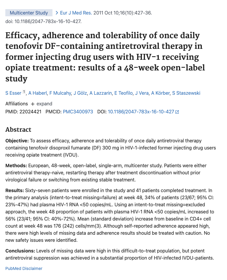 Screenshot of a medical research paper abstract about tenofovir antiretroviral therapy in HIV-1 infected former drug users receiving opiate treatment.