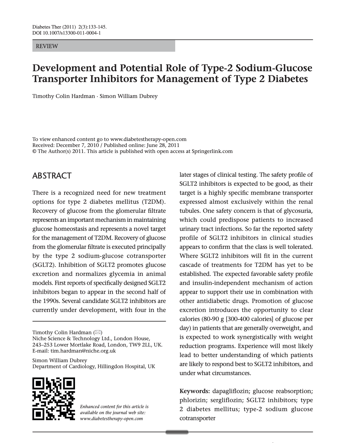 Research paper title page on SGLT2 inhibitors for type 2 diabetes management, published in Diabetes Therapy journal in 2011.