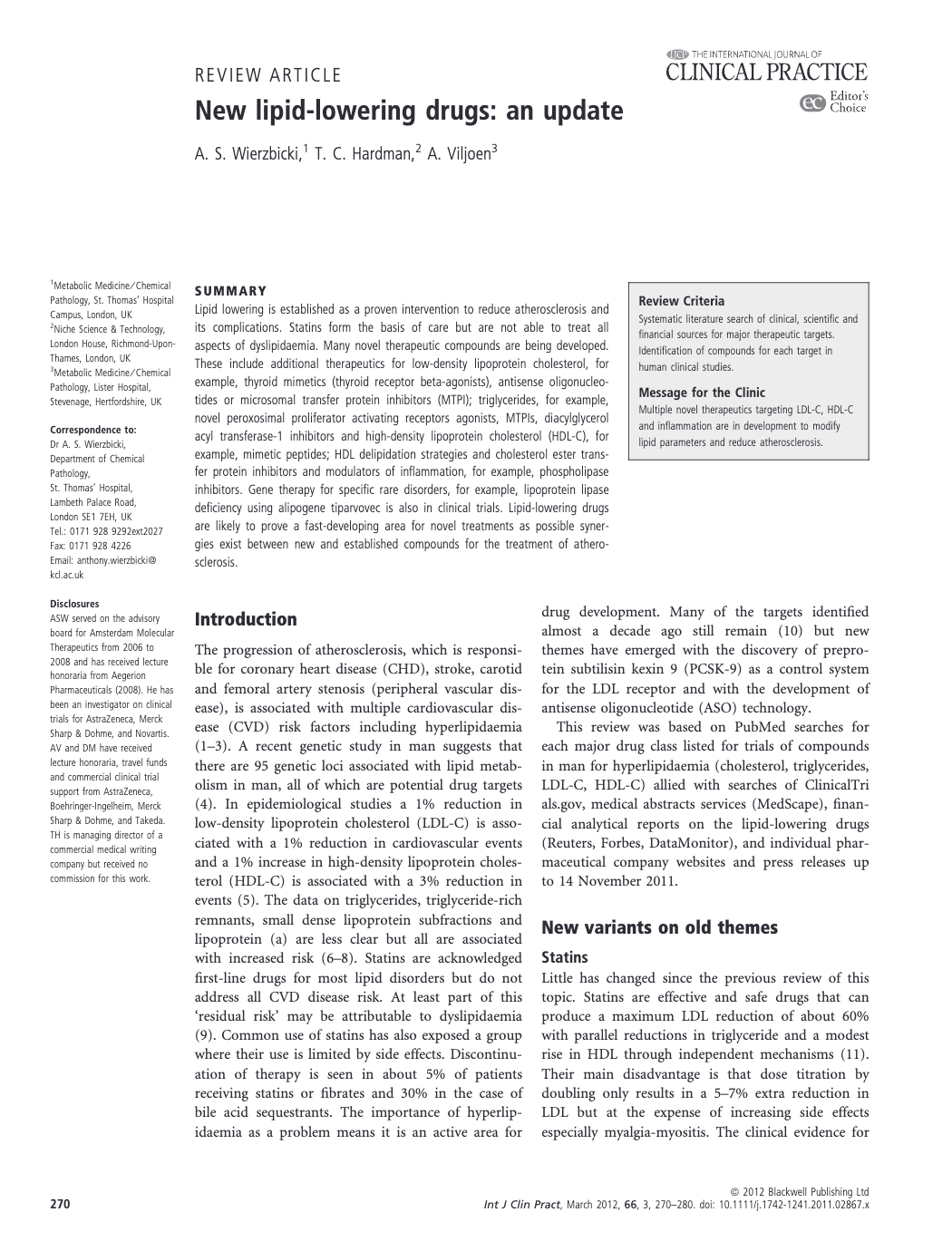 First page of a medical journal review article titled New lipid-lowering drugs: an update showing author details, summary, and introduction sections.