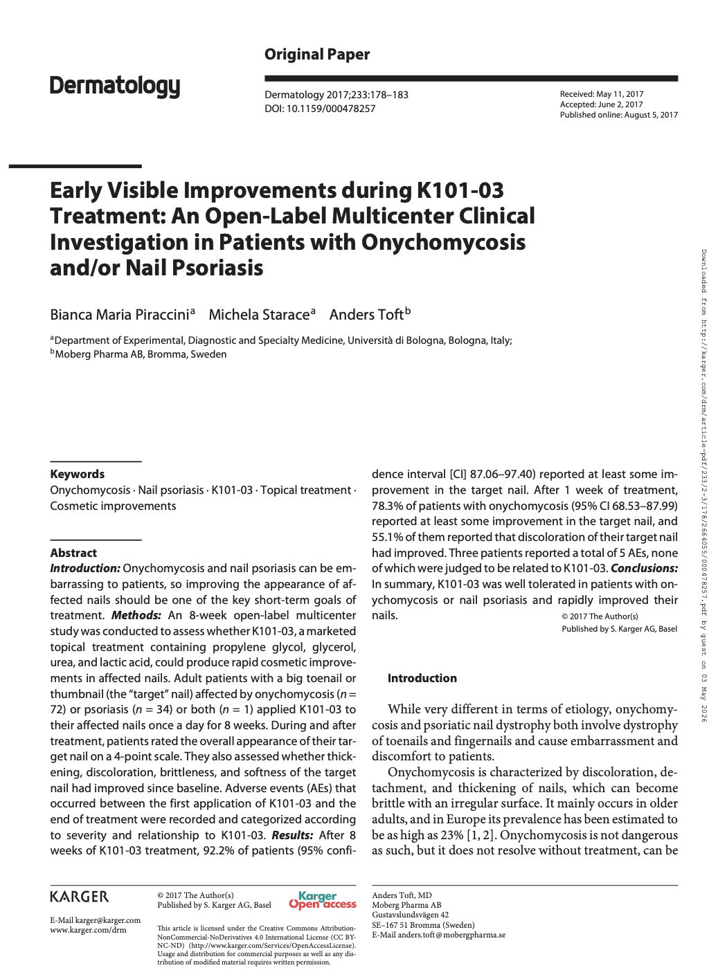 Research paper title page showing clinical study on K101-03 treatment for onychomycosis and nail psoriasis, published in Dermatology journal 2017.