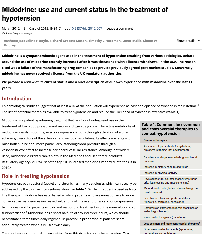 Screenshot of a medical journal article titled Midodrine: use and current status in the treatment of hypotension with author details and abstract text.