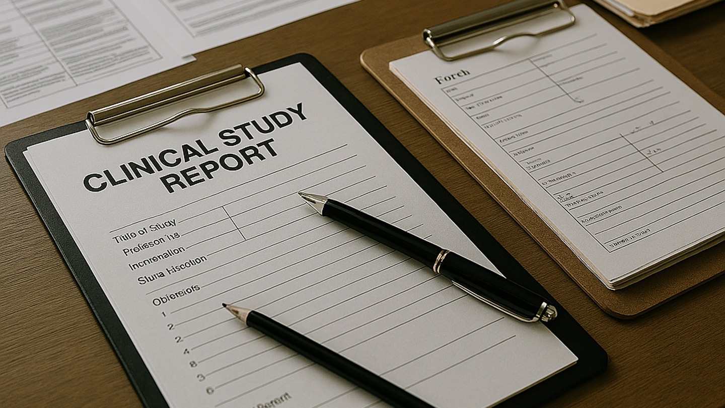 Clinical study report document on clipboard with pen, representing regulatory documentation and clinical research reporting | Niche