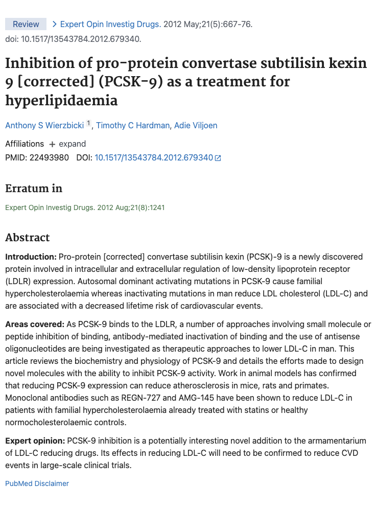 Screenshot of a scientific journal article about PCSK-9 inhibition as a treatment for hyperlipidaemia, showing title, authors, abstract and publication details.
