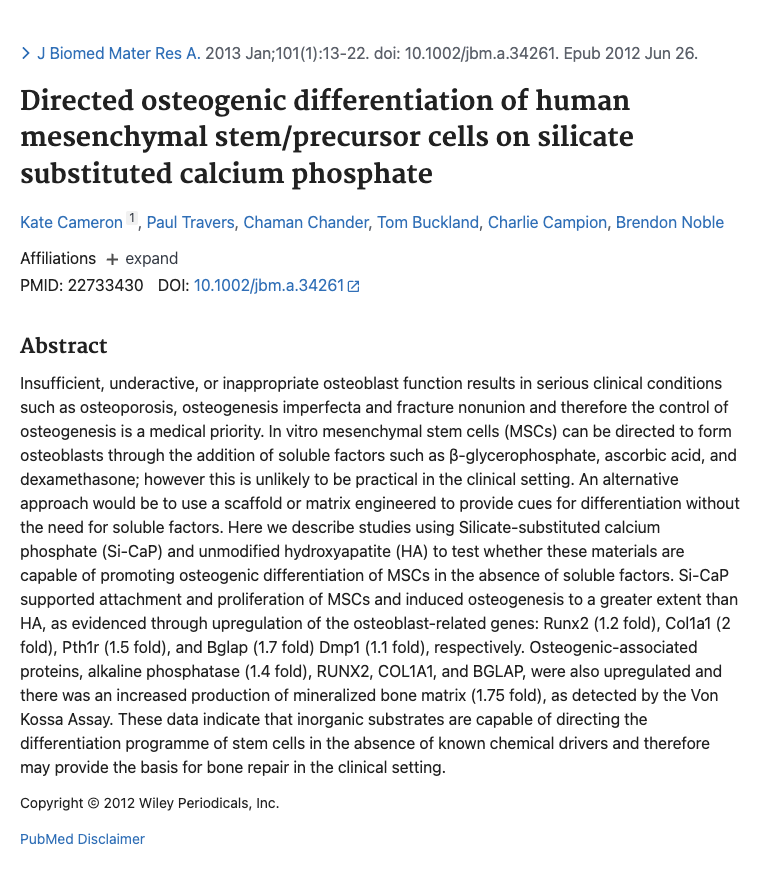 Screenshot of a PubMed research article abstract about directing stem cell differentiation into bone-forming cells using calcium phosphate materials.