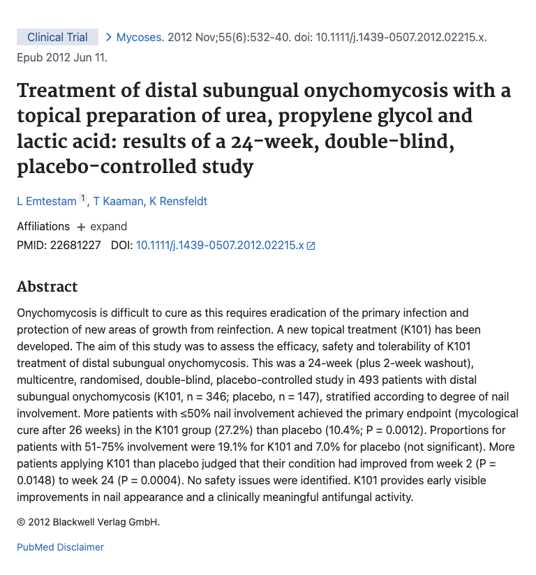 Screenshot of a PubMed journal article abstract about a clinical trial testing topical treatment for nail fungal infections over 24 weeks.