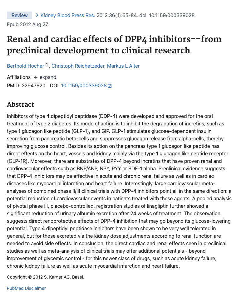 Screenshot of a medical journal article abstract about DPP4 inhibitors' renal and cardiac effects, published in Kidney Blood Pressure Research.