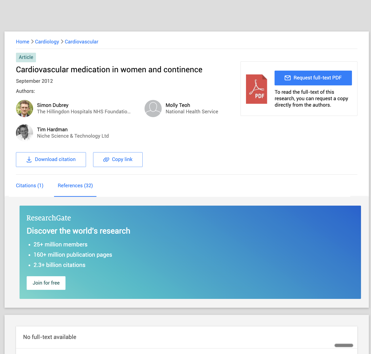 ResearchGate article page showing Cardiovascular medication in women and continence by Simon Dubrey, Molly Teoh, and Tim Hardman from September 2012, with download and citation options.
