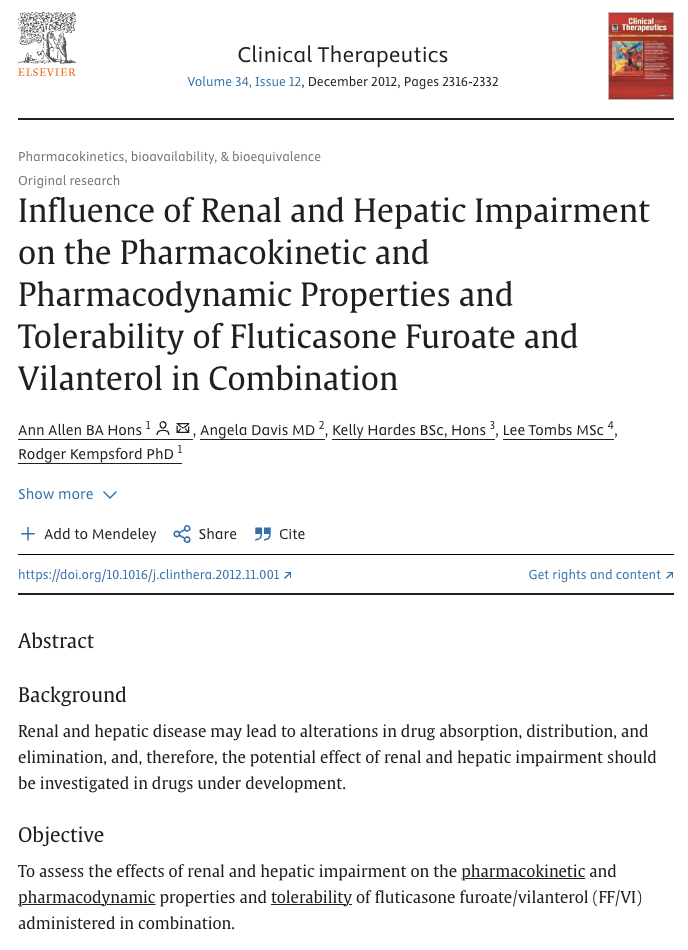 Header of a Clinical Therapeutics journal article titled Influence of Renal and Hepatic Impairment on the Pharmacokinetic and Pharmacodynamic Properties and Tolerability of Fluticasone Furoate and Vilanterol in Combination with author names and abstract beginning.