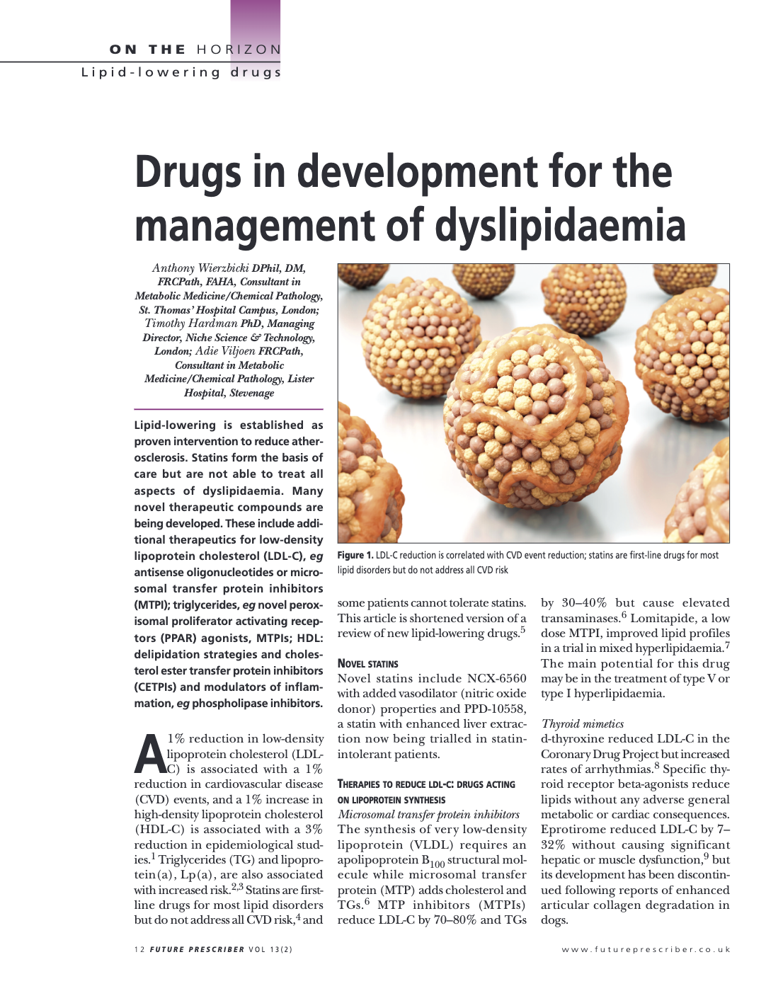 Medical journal article page titled Drugs in development for the management of dyslipidaemia with cholesterol molecule models shown in the top right corner.