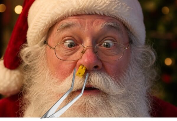 A man dressed as Santa Claus wearing glasses with nasal cannula oxygen tubing, looking directly at the camera with Christmas tree lights in the background.