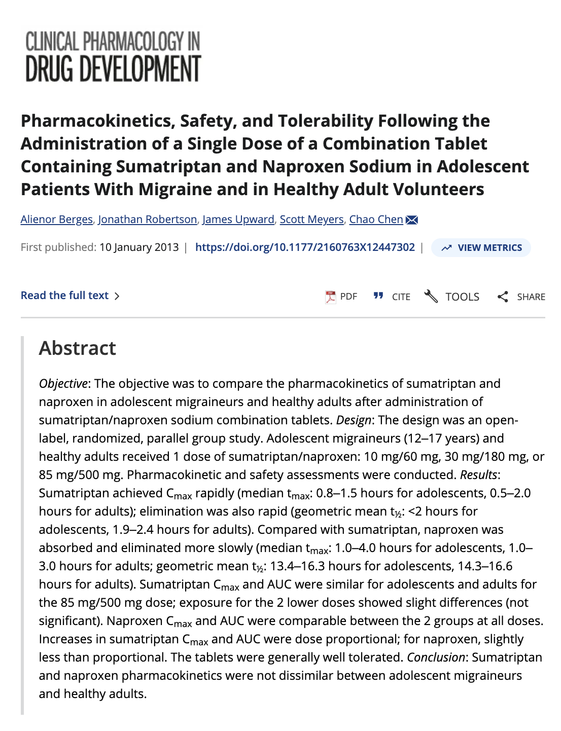 Research paper abstract on pharmacokinetics of sumatriptan and naproxen combination tablets in adolescent migraine patients and healthy adults.