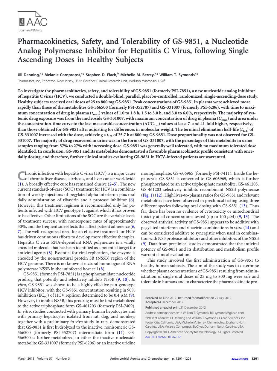 Research paper title page showing study of GS-9851 hepatitis C drug safety and pharmacokinetics in healthy subjects
