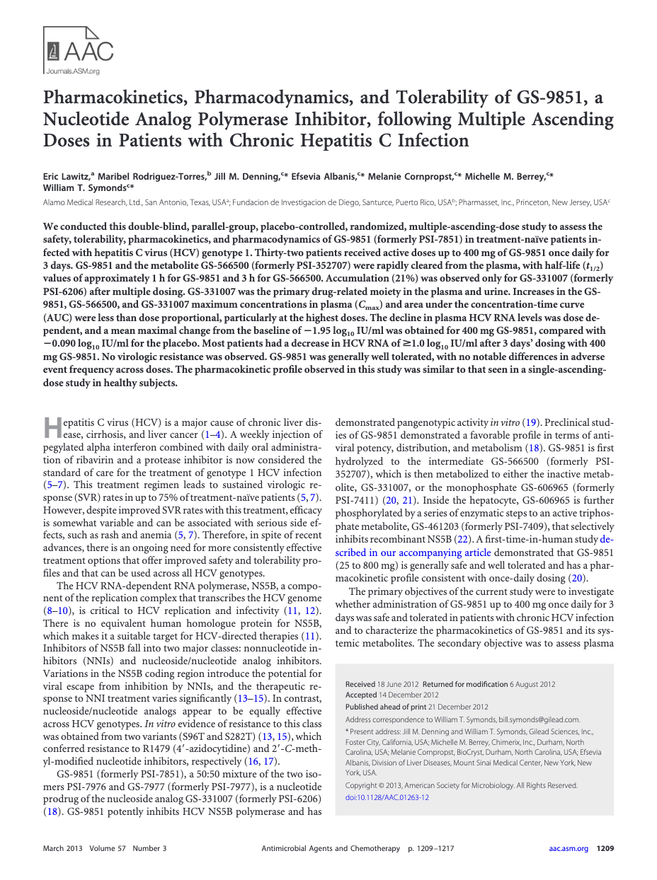 First page of a clinical research paper titled Pharmacokinetics, Pharmacodynamics, and Tolerability of GS-9851 published in Antimicrobial Agents and Chemotherapy journal.