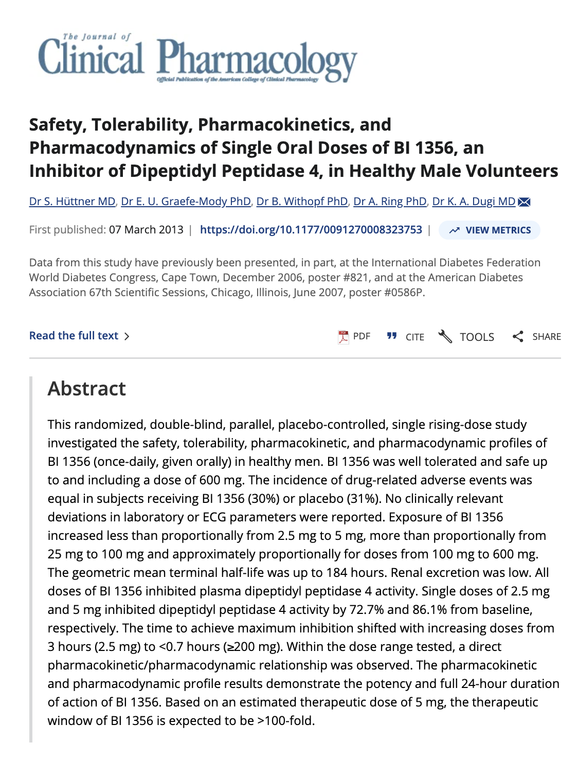 Journal article abstract showing study results for BI 1356, a dipeptidyl peptidase 4 inhibitor, in healthy male volunteers from The Journal of Clinical Pharmacology.