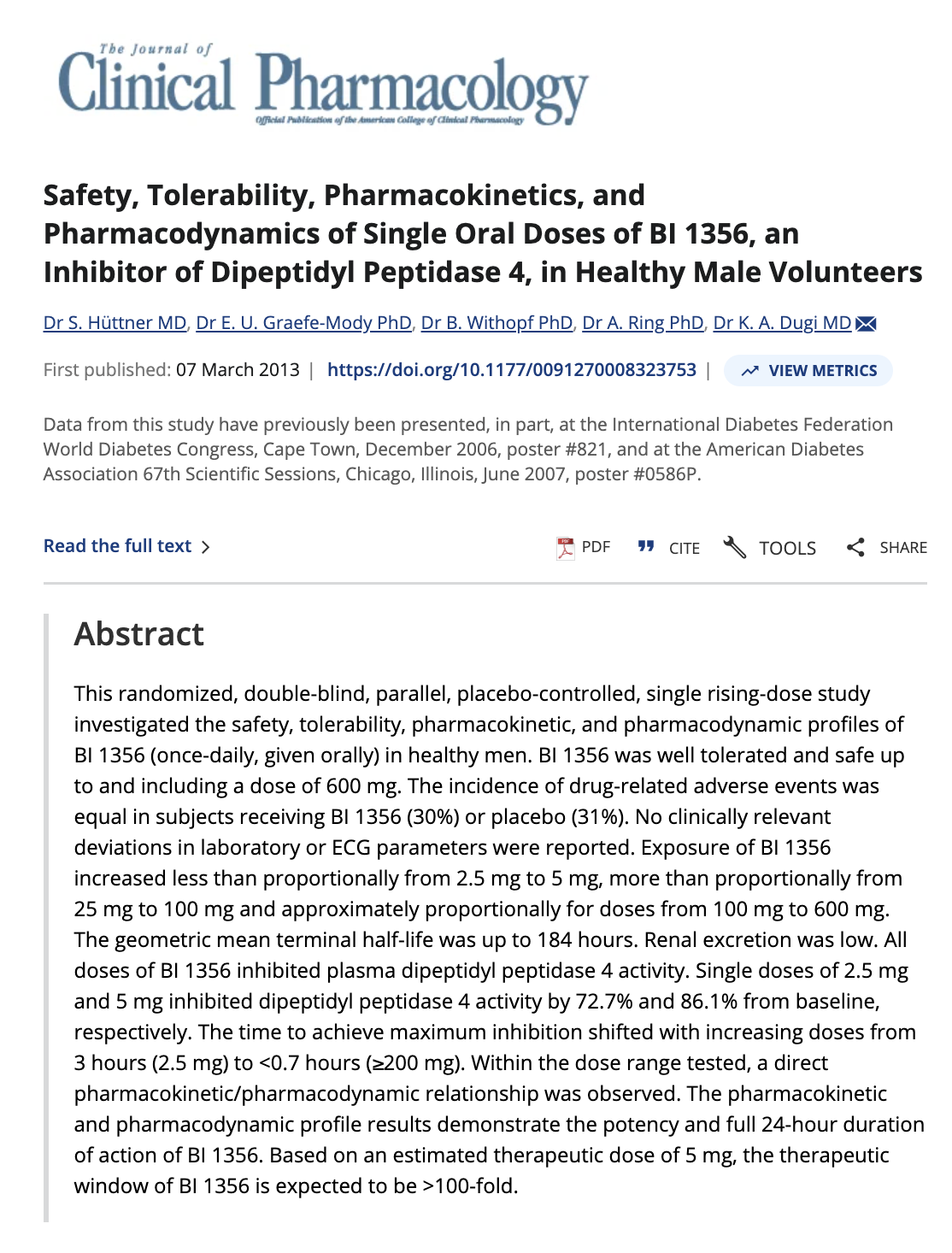 Screenshot of a medical journal article about BI 1356, a diabetes drug inhibitor, showing the title, authors, publication details and abstract on a white background.