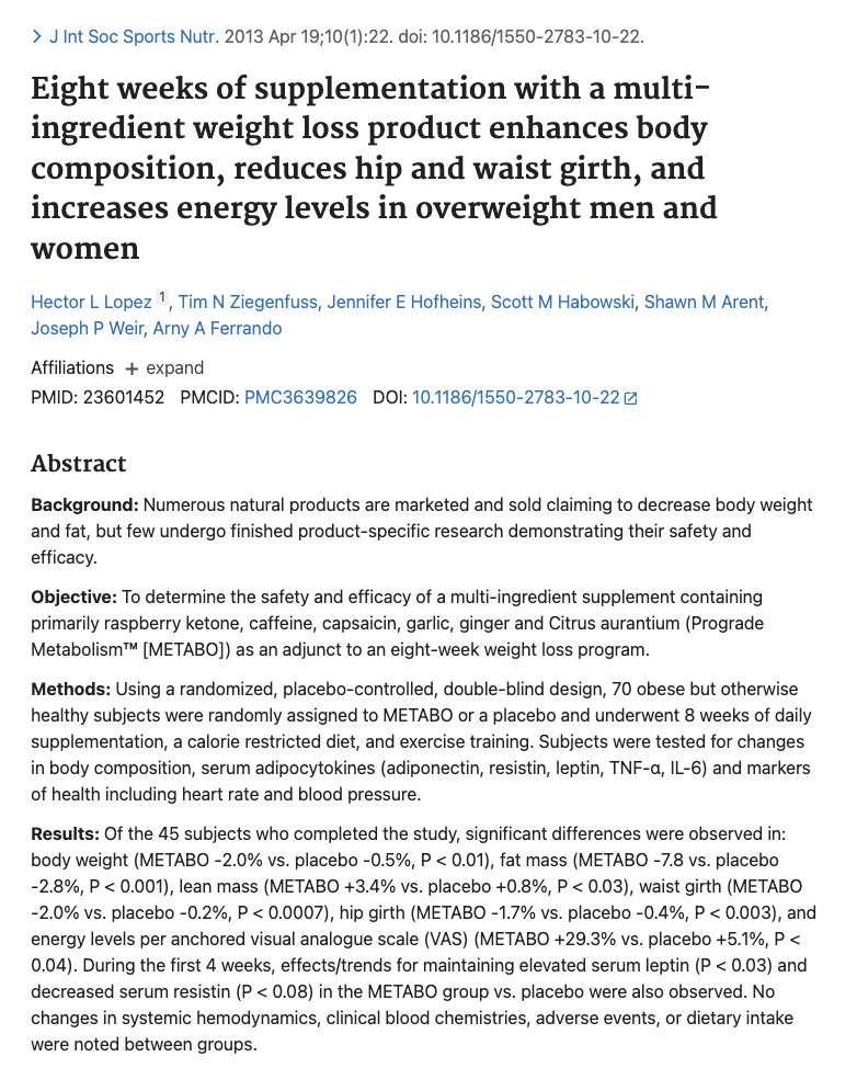 Screenshot of a scientific journal article abstract about an eight-week weight loss supplement study in overweight adults.