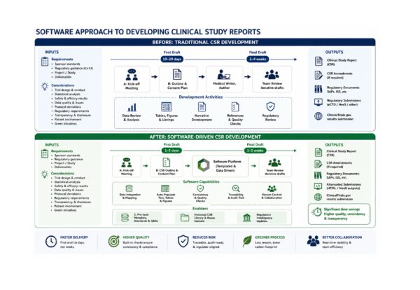 Diagram comparing traditional CSR development (10-20 days first draft, 2-4 weeks final) with software-driven approach (1-3 days first draft, 1-2 weeks final).