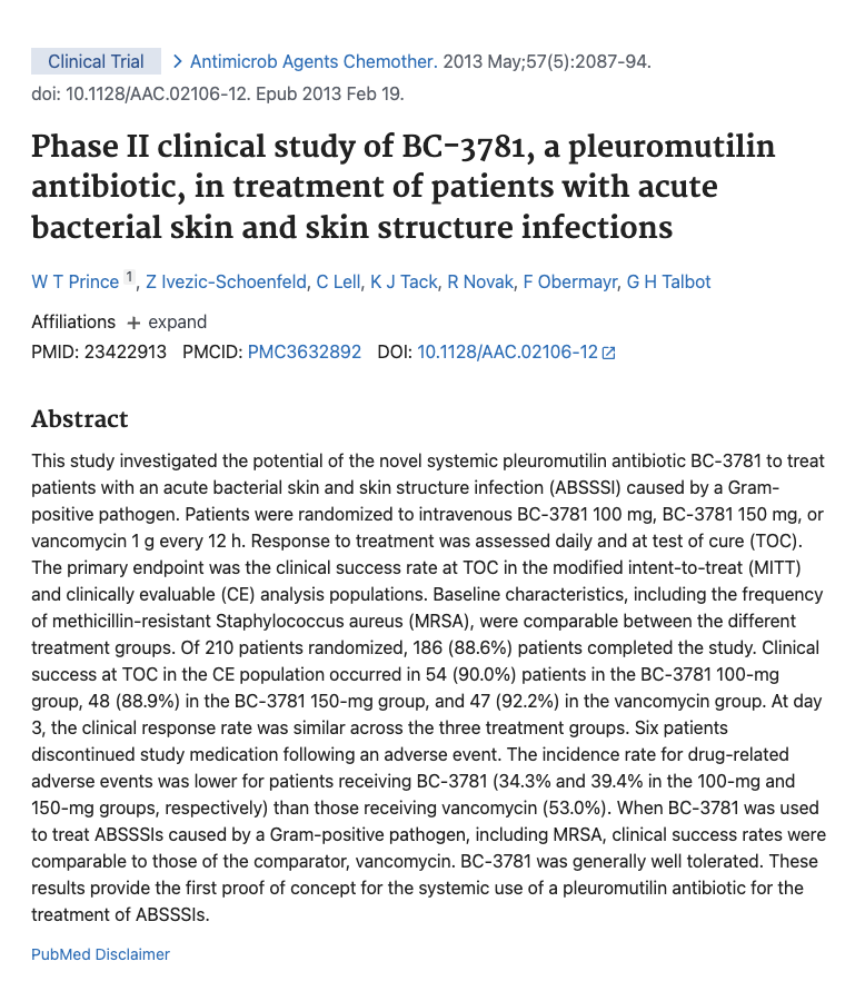 Screenshot of a PubMed research article about a Phase II clinical trial testing BC-3781 antibiotic for bacterial skin infections.