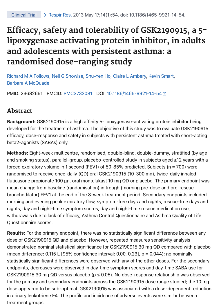 Clinical trial research paper abstract showing study details for GSK2190915 asthma treatment efficacy and safety trial