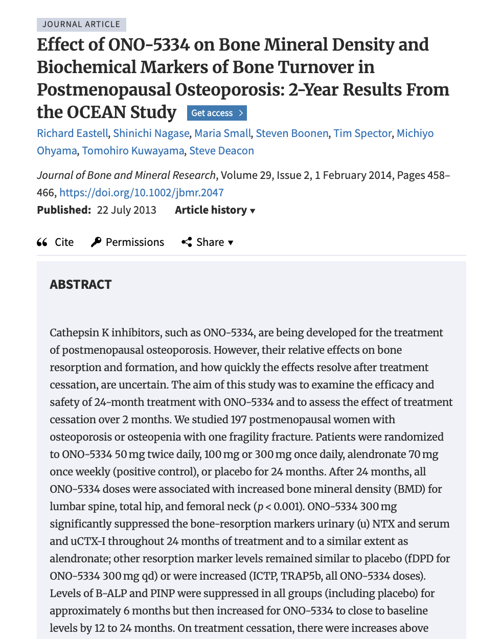 Journal article page showing title Effect of ONO-5334 on Bone Mineral Density and Biochemical Markers of Bone Turnover in Postmenopausal Osteoporosis