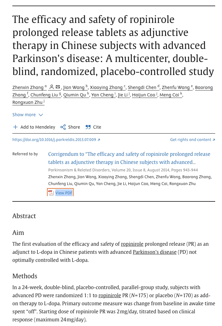 Research paper title page showing study on ropinirole prolonged release tablets for Parkinson's disease treatment in Chinese patients.