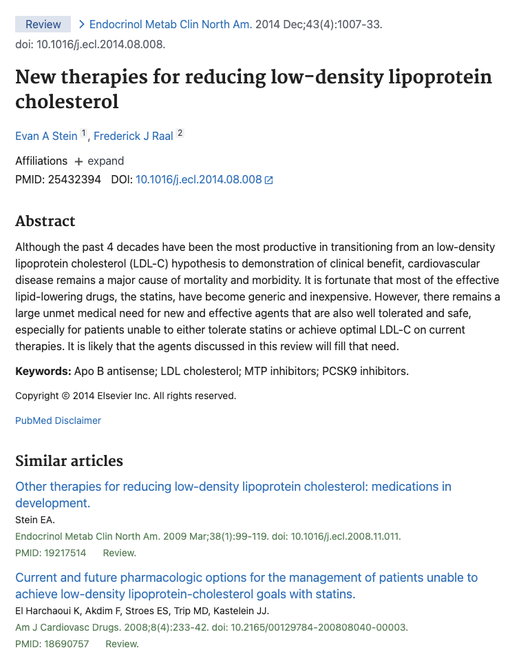 Screenshot of a PubMed journal article page showing details for a 2014 review on new therapies for reducing low-density lipoprotein cholesterol, including abstract and similar articles.